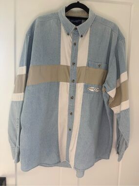 Wrangler Light Blue Denim Panel color block Button-Down Shirt Vintage cotton